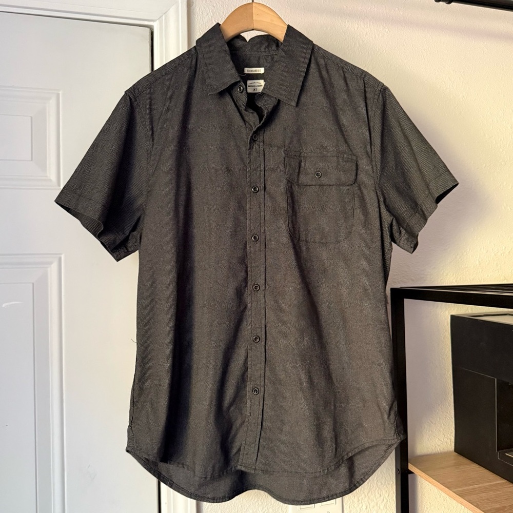 BRIDGE & BURN men’s grey black cotton blend short sleeve button up‎ shirt